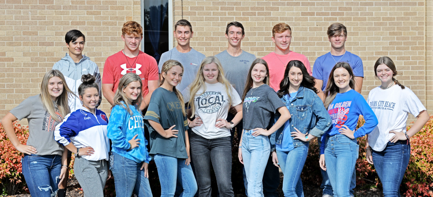 The Alba-Golden High School homecoming court includes the following: back from left, (all king nominees) Nick Hallman, Shawn Gaskill, Micah Smith, Thai Peterson, Michael Gaskill and Blake Weissert. Front, Landrie Boyd (freshmen duchess), Kayden Bennet (sophomore duchess), Cassidi Burris (queen nominee), Jade Kruze (queen nominee), Paislee Pendergrass (queen nominee), Cadence Thompson (queen nominee), Karlee Robertson (queen nominee), Carlee Dooley (junior duchess) and Alexis Wilmut (freshmen duchess). Homecoming court activities will begin at 7:00 p.m. prior to the 7:30 p.m. football game Friday, Sept. 24 against Wolfe City.